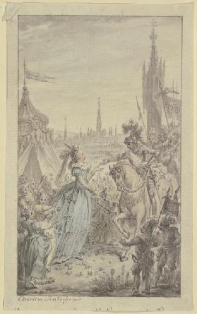 Eine Fürstin und Mädchen mit Blumen empfangen vor einem Zelt einen Ritter zu Pferde