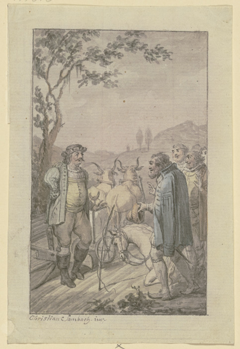 Einem pflügenden Mann mit einem Ochsengespann nähert sich eine Gruppe von barhäuptigen Männern, bei  de Christian Sambach