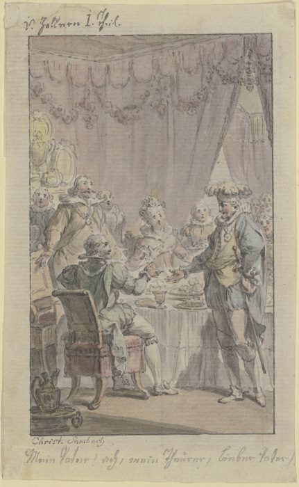 Tafelszene: Ein Ritter tritt an den gedeckten Tisch heran und begrüßt einen sitzenden Ritter de Christian Sambach