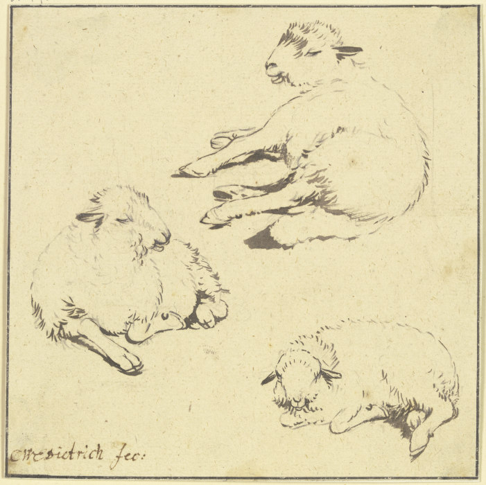 Three resting sheep de Christian Wilhelm Ernst Dietrich