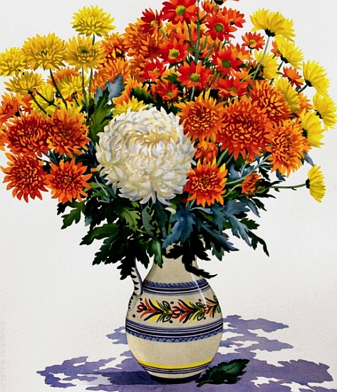 Chrysanthemums in a patterned jug de Christopher  Ryland