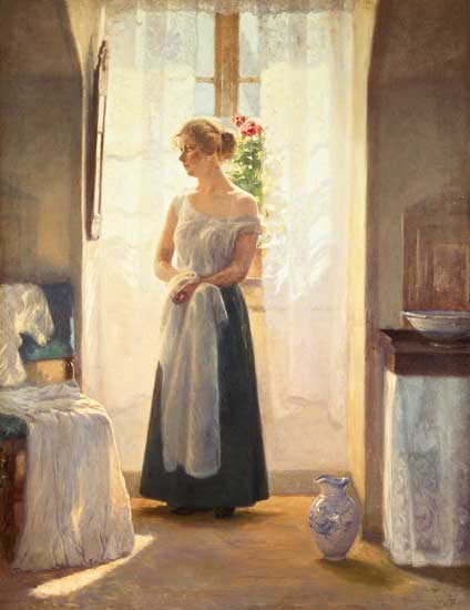 Interior with a Girl standing in front of a Mirror de Cilius Anderson