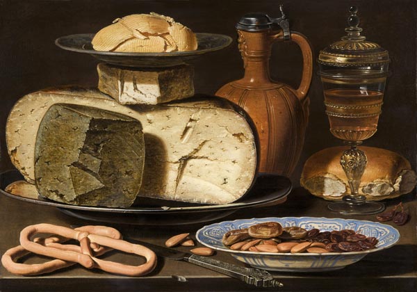 Still Life with Cheeses, Almonds and Pretzels de Clara Peeters