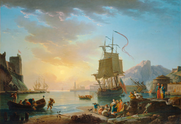 Marine, soleil couchant-Seaside painting with setting sun de Claude Joseph Vernet