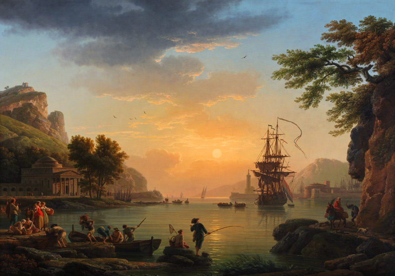 A Landscape at Sunset with Fishermen returning with their Catch de Claude Joseph Vernet