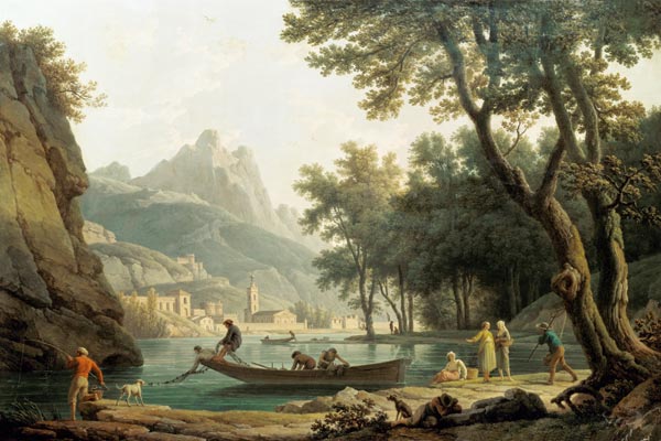 Fisherman at the lakeside in front of a cloister de Claude Joseph Vernet