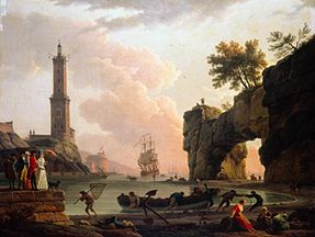 A Mediterranean port at evening. On the mole of the artists with son, daughter and daughter-in-law de Claude Joseph Vernet