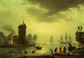 Seaport into evening atmosphere with lighthouse de Claude Joseph Vernet