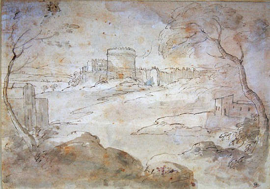 Landscape with a fortified town (ink & wash on paper) de Claude Lorrain