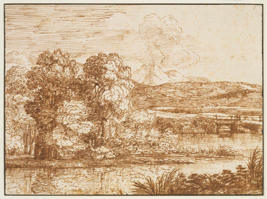 Landschaft mit Baumgruppe am Wasser de Claude Lorrain