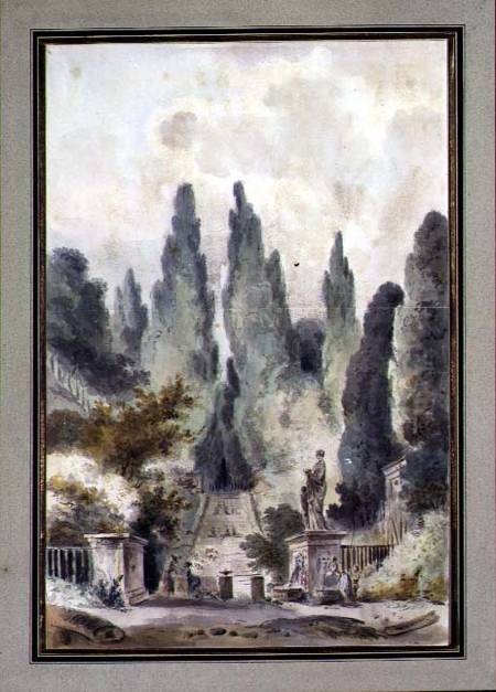 The Gardens of the Villa d'Este at Tivoli (w/c over black chalk on paper) de Claude Louis Chatelet