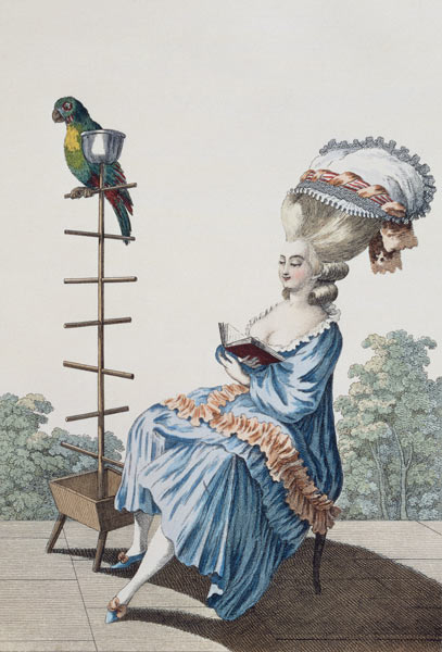 Young woman reading in a day dress with an elaborate hairstyle and bonnet, plate 20 from 'Galerie de de Claude Louis Desrais
