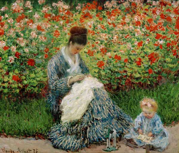 Camille Monet et un enfant au jardin de Claude Monet