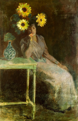 Mujer sedentaria al lado de jarro de girasoles de Claude Monet