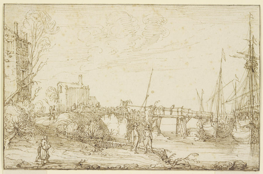 Zwei Schiffe liegen bei einer Brücke, links auf dem Wege mehrere Figuren de Cornelis Claesz. van Wieringen