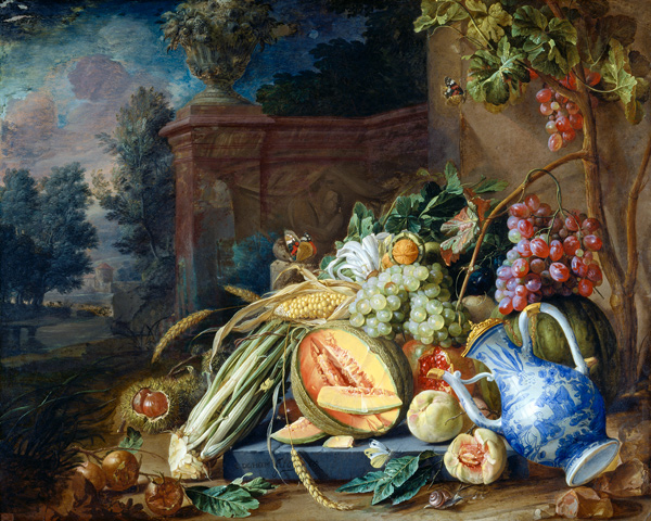 Still Life with Vegetables and Fruit before a Garden Balustrade de Cornelis de Heem