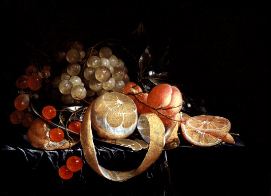 A Still Life with a lemon, grapes, cherries and apricots on a pewter plate de Cornelis de Heem