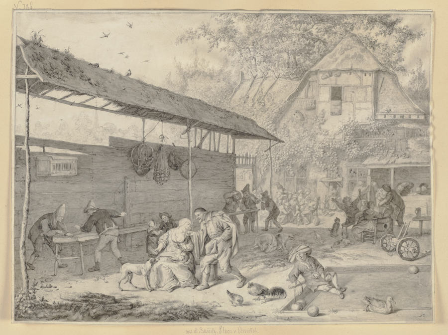 Bauernhof mit essendem, trinkendem, spielendem Volke de Cornelis Dusart