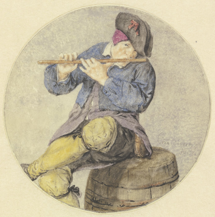 Flötenspieler auf einem Fass sitzend de Cornelis Dusart