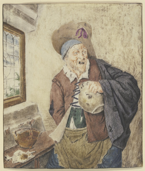 Zerlumpter Bauer bei einem Fenster, den Krug in der Hand de Cornelis Dusart