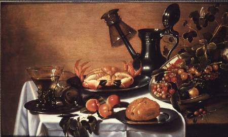 Still life of fruit with crab, overturned roehmer on spout of jug de Cornelis Kruys