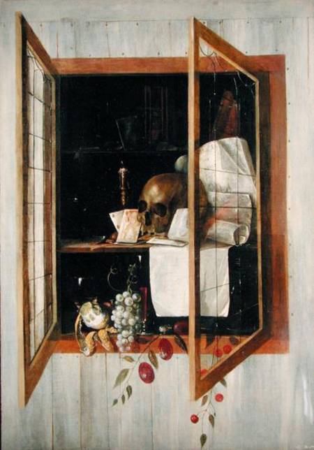 Vanitas still life seen through a trompe l'oeil window de Cornelis Norbertus Gysbrechts