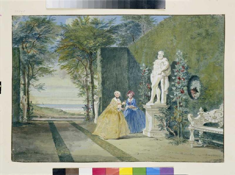 Parkansicht mit zwei jungen Damen neben einer Herkulesstatue. de Cornelis Troost