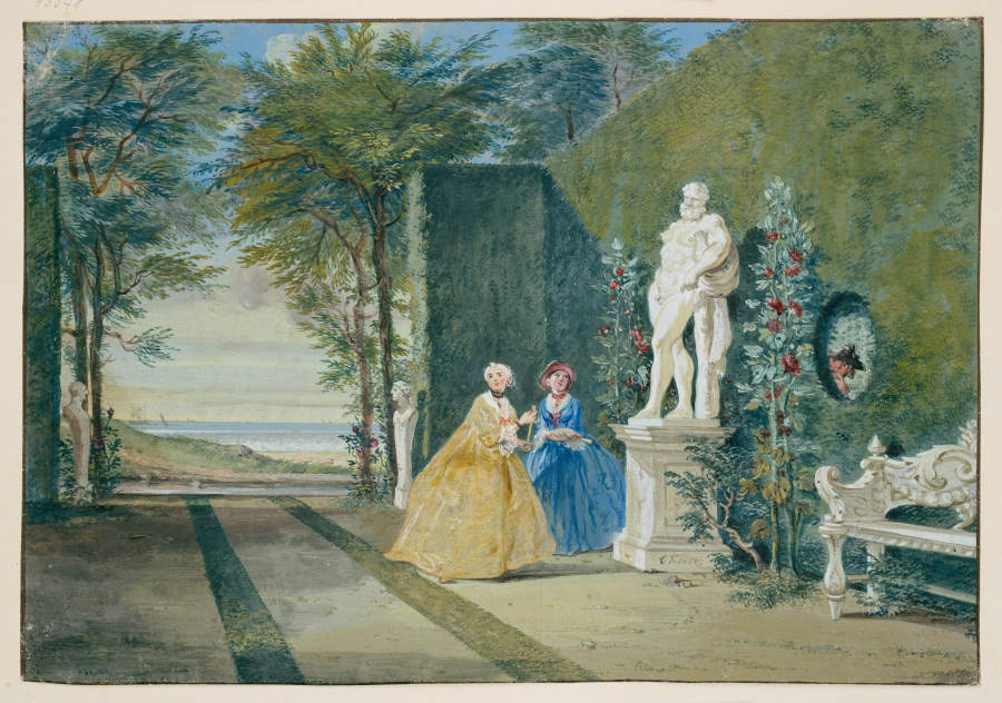 Parkansicht mit zwei jungen Damen neben einer Herkulesstatue de Cornelis Troost