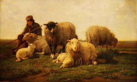A Shepherd with Sheep and Lambs de Cornelis van Leemputten