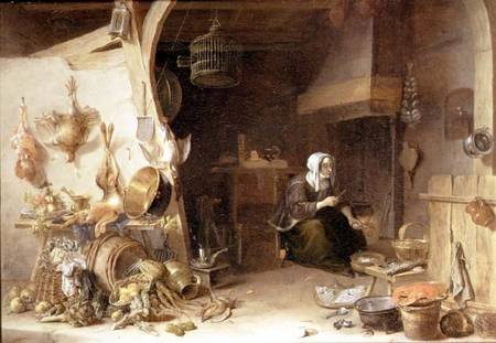 A Kitchen Interior with a Servant Girl Surrounded by Utensils, Vegetables and a Lobster on a Plate de Cornelis van Lelienbergh