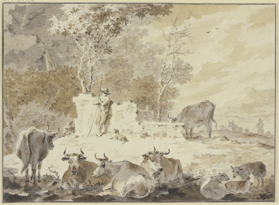 An altem Gemäuer steht links ein Hirte mit seinem Hund, umgeben von verschiedenem Vieh de Cornelis van Noorde