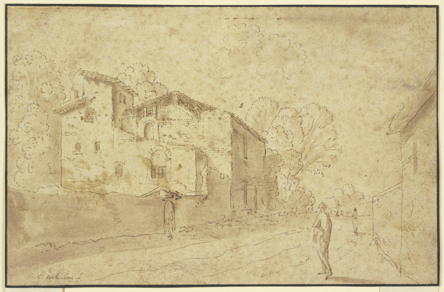 Landstraße an italienischen Gebäuden vorbeiführend de Cornelis van Poelenburch