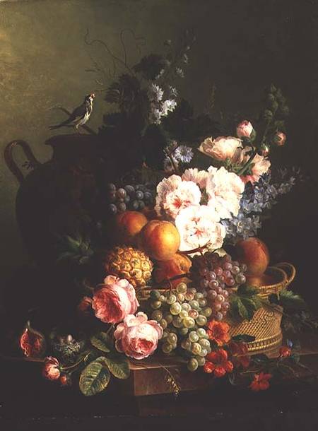 Still Life of Fruits and Flowers in a Wicker Basket on a Ledge. de Cornelis van Spaendonck