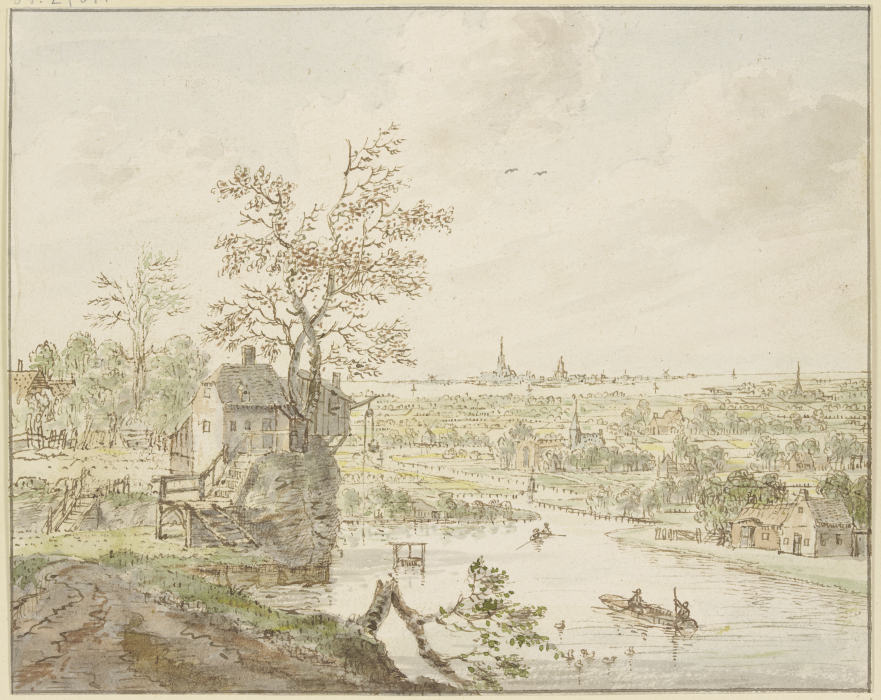 Flußgegend, in der Ferne das Meer mit einer Stadt de Cornelis Verdonck