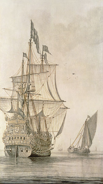 A Man-o'-war under sail seen from the stern with a boeiler nearby de Cornelius Bouwmeester
