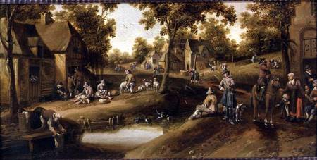 A Village Scene with Peasants on Banks of a Stream de Cornelius Droochsloot