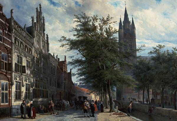 The Gemeenlandshuis and the Old Church, Delft, Summer. de Cornelius Springer