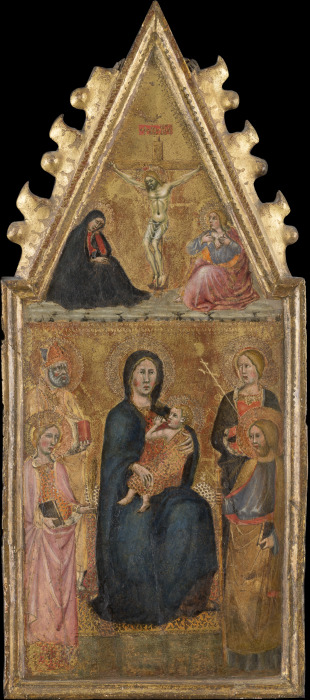 Enthroned Madonna with Child and four saints, above the Crucifixion with Mary and John Ev. de Cristoforo di Bindoccio