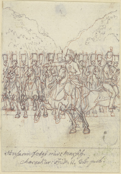 Friedrich der Große zu Pferde vor einer Gruppe von Husaren de Daniel Chodowiecki