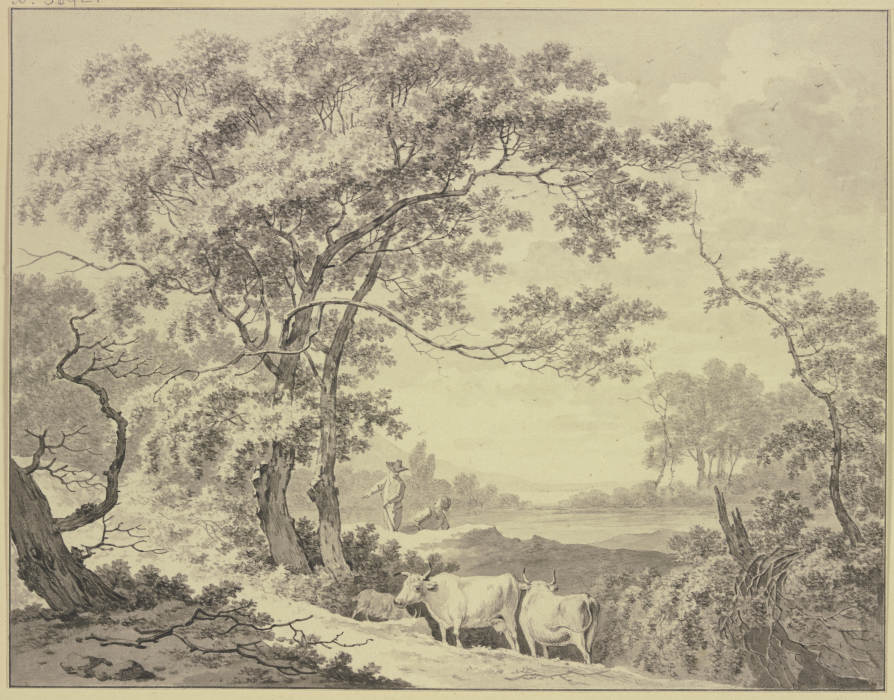 An einem von Wald umgebenem Teich, Hirte und Hirtin mit zwei Kühen und einer Ziege de Daniël Dupré