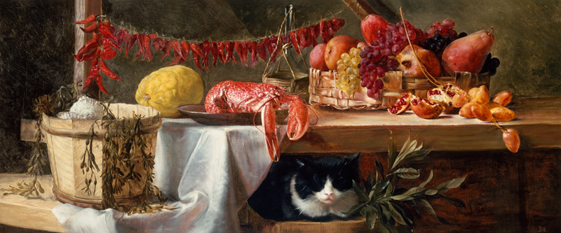 Stillleben mit Peperoni, Früchten, einem Hummer und einer Katze de Daniel Hock