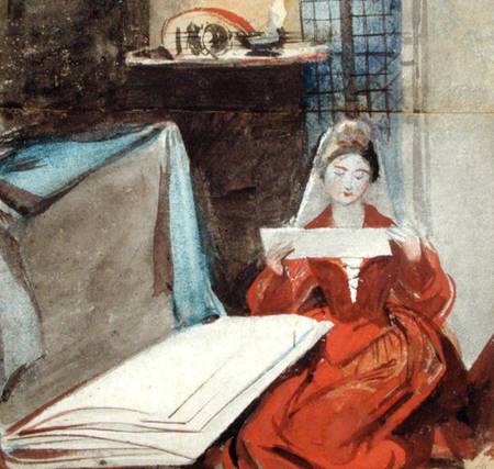 A Lady in a Medieval Costume studying the Contents of a Portfolio de Daniel Maclise