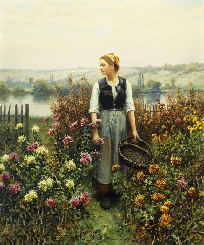 Junge Frau mit Korb in einem Garten. de Daniel Ridgway Knight