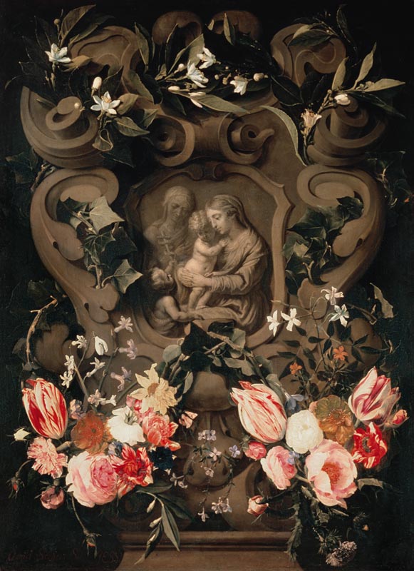 Madonna and Child, Saint Elisabeth and John the Baptist as child in a floral garland de Daniel Seghers