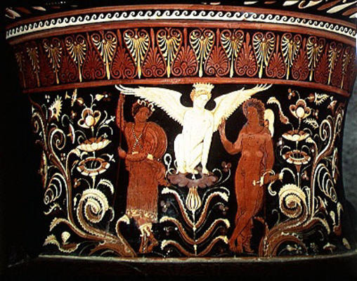 Apulian red-figure volute crater, detail of the neck depicting Oedipus and the Sphinx (pottery) (see de Darius Painter