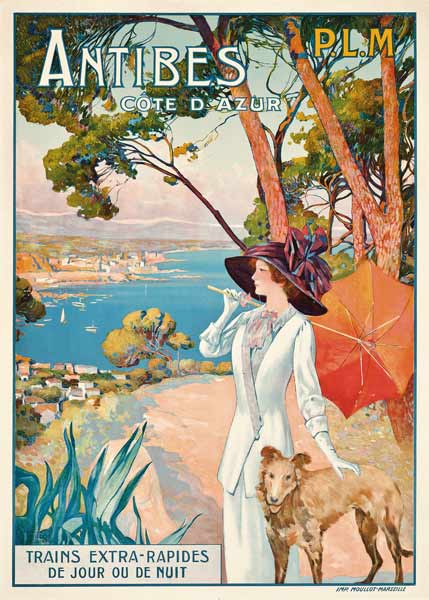 Poster advertising travel to the Antibes, Cote d'Azur, with the French railway company P.L.M de David Dellepiane