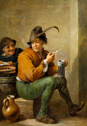 A Peasant holding a Stoneware Jug and a Clay Pipe de David III Teniers