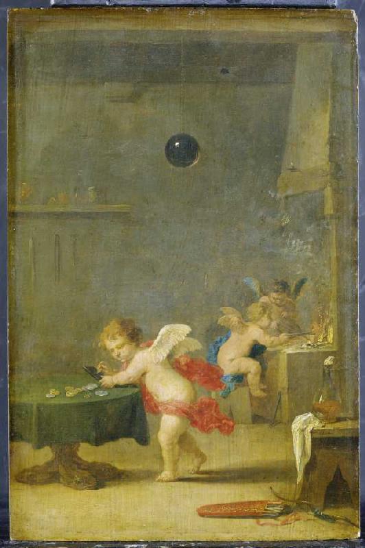 Amoretten in einer Alchimistenwerkstatt. de David Teniers