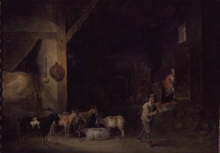 Barn with goats and a boy playing the recorder de David Teniers
