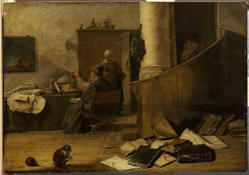 Ein Arzt betrachtet in seinem Studierzimmer ein Uringlas. de David Teniers